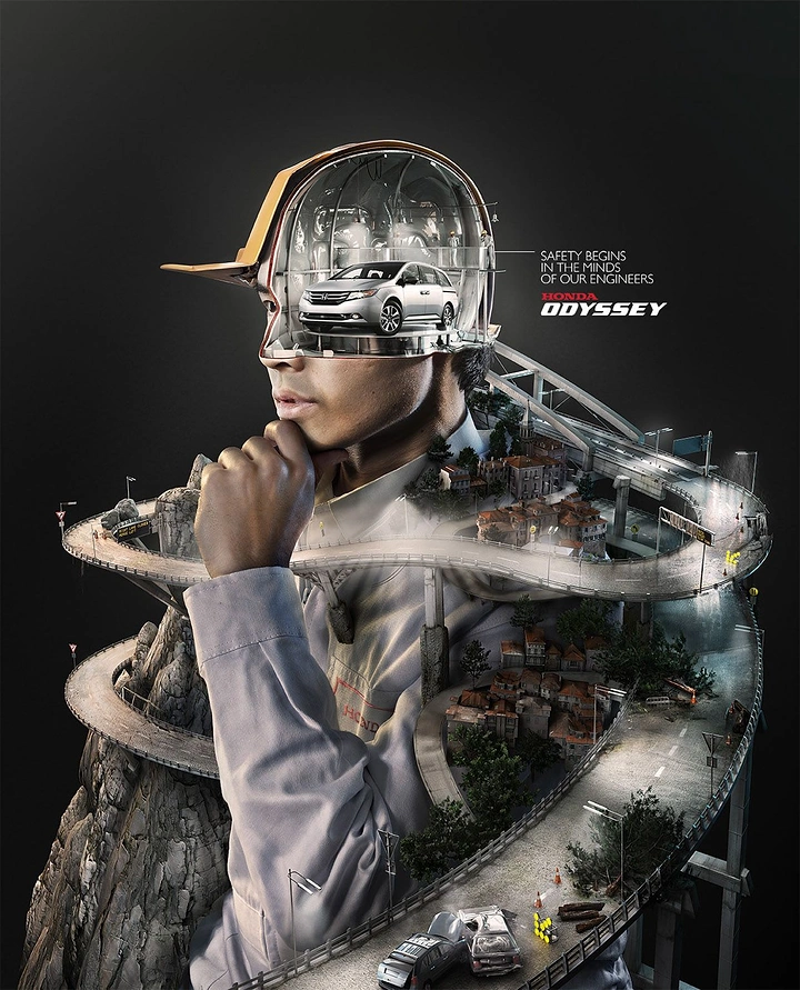 Helmets & Riding Gear creative ad: Helmeted figure merges with cityscape