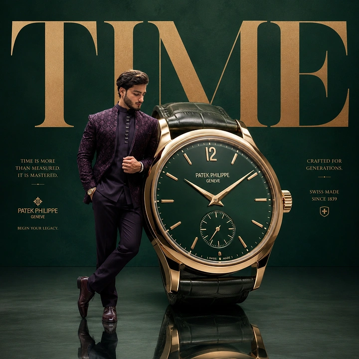 Creative ad: Man in plum bandhgala leaning on a giant gold watch