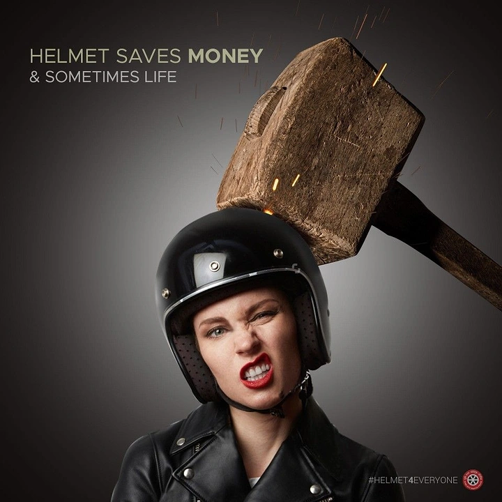 Helmets & Riding Gear creative ad: Hammer metaphor dramatizes helmet protection