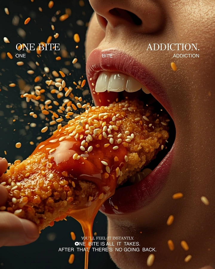 Creative ad: Extreme close-up of a mouth biting a sesame-glazed fried chicken piece