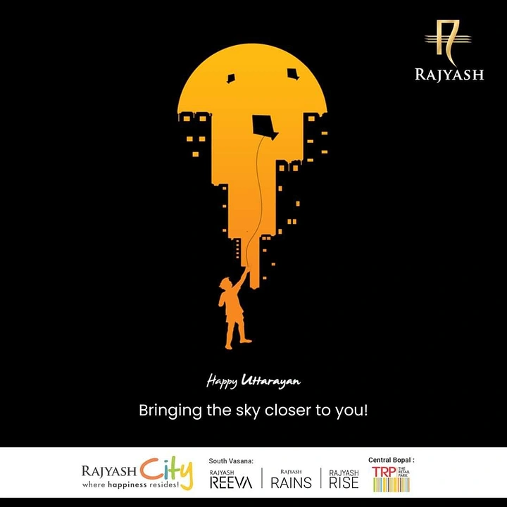 Makar Sankranti creative ad: Child silhouette flying a kite inside a sun-shaped skyline cutout