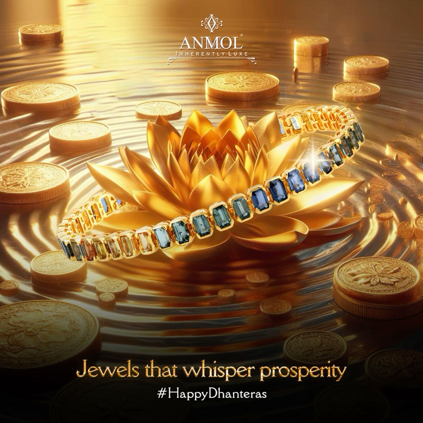 Multi-sapphire tennis bracelet wrapped around a golden lotus on liquid gold