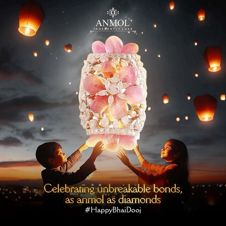 Bhai Dooj creative ad: Brother and sister releasing a giant diamond ring styled as a sky lantern