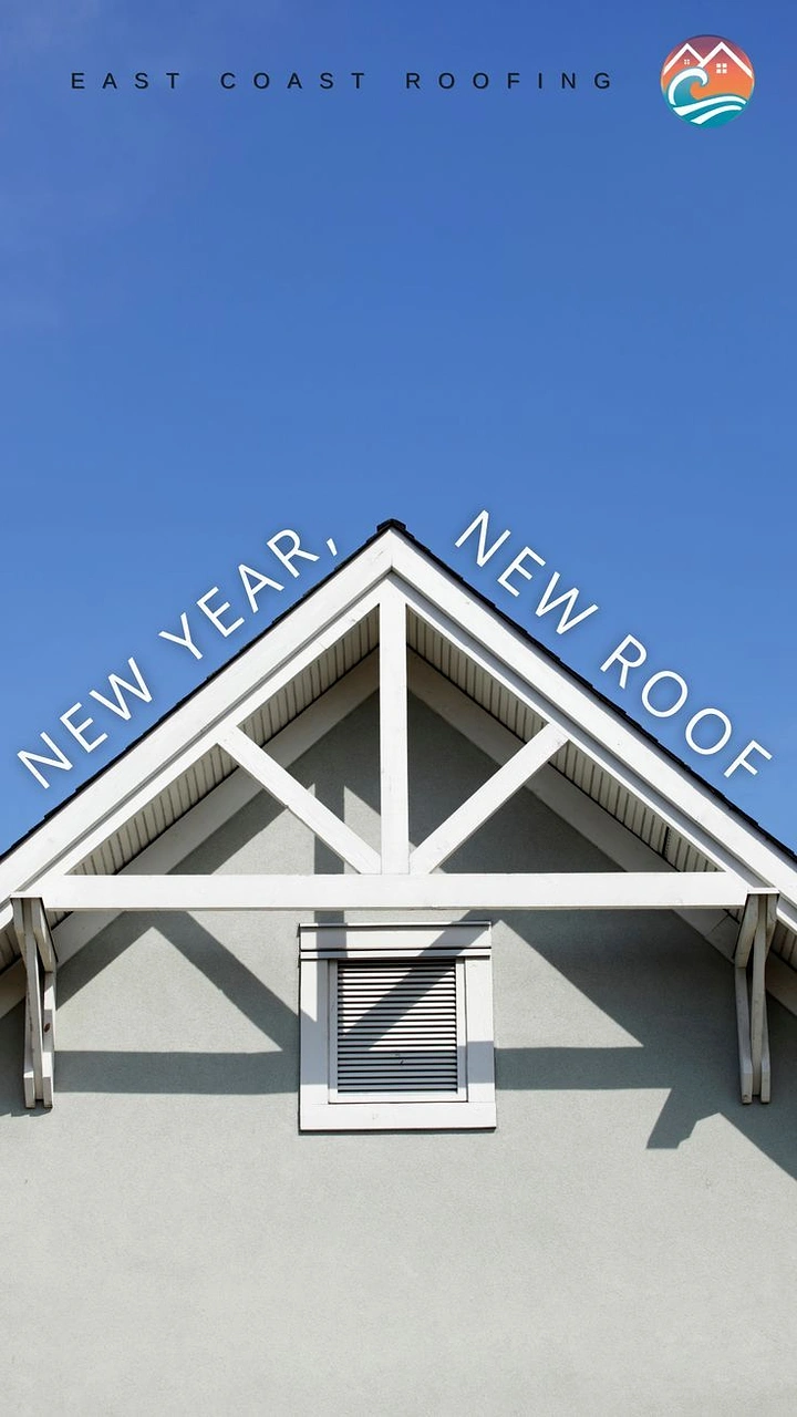 Roofing creative ad: 'New year, new roof' text along gable