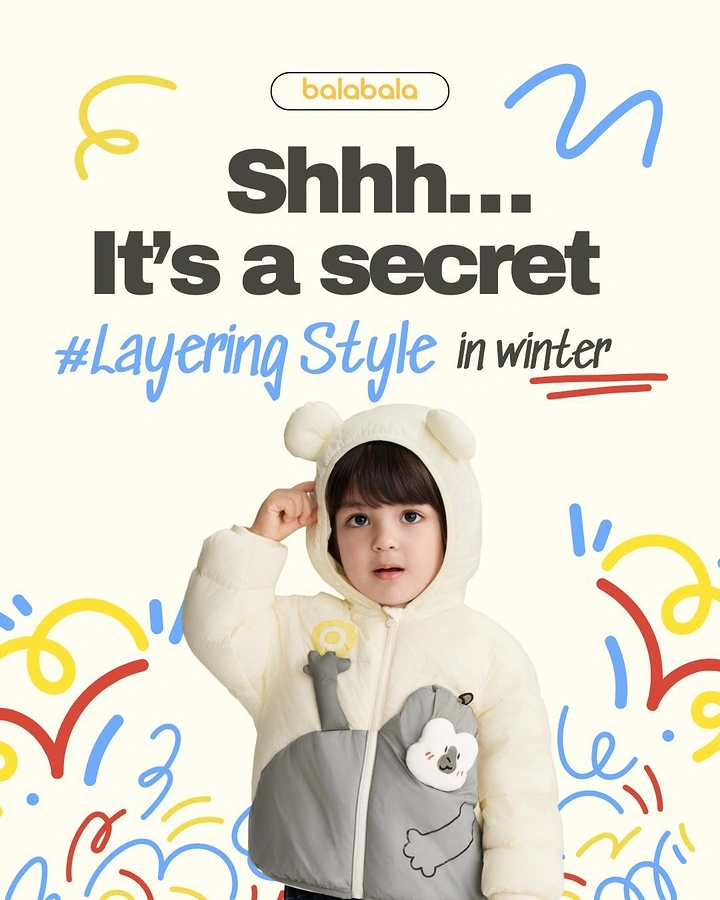 Kids Clothing creative ad: Witty 'secret' layering copy, playful doodles
