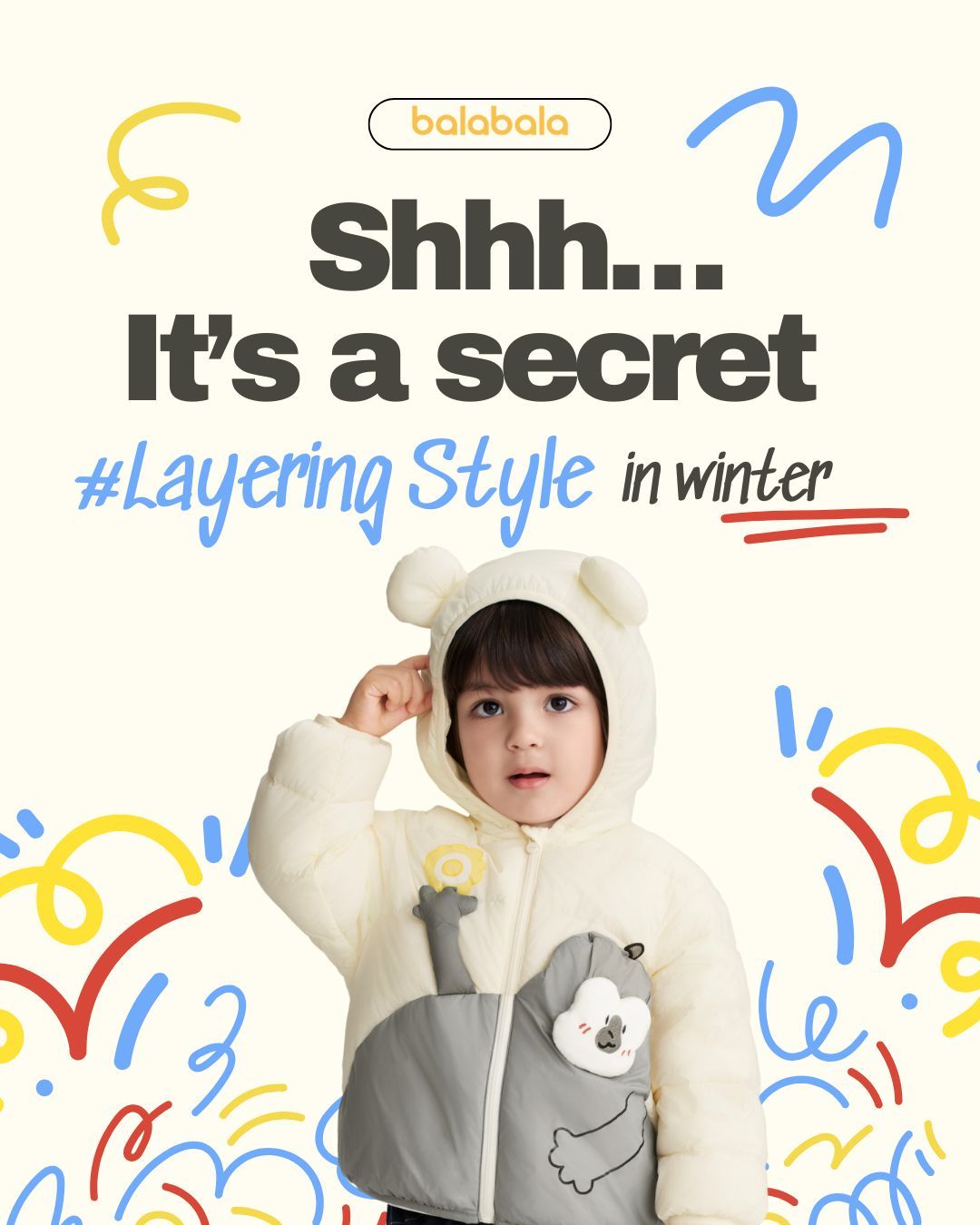 Instagram post: Witty 'secret' layering copy, playful doodles