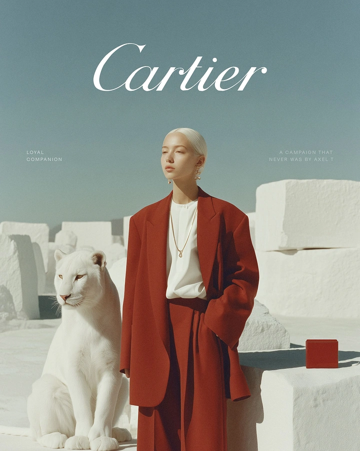Creative ad: Platinum-haired model in red suit beside a white panther