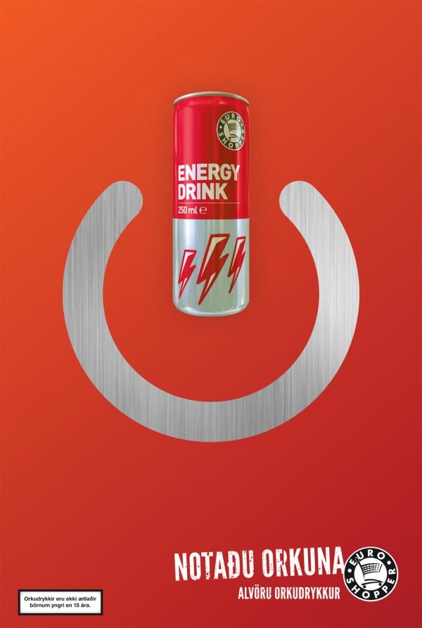 Poster: Energy drink can forming the vertical line of a brushed-metal power symbol