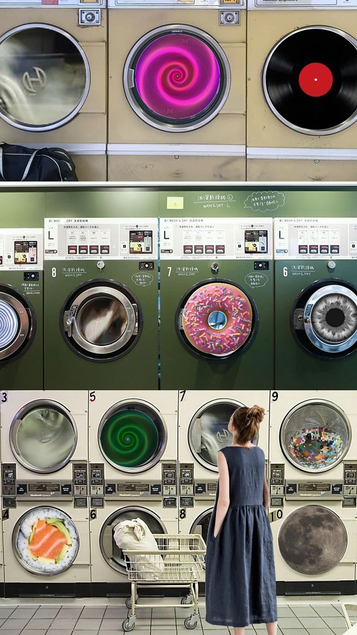 Laundry & Dry Cleaning creative ad: Washer doors as vinyl, donut, moon
