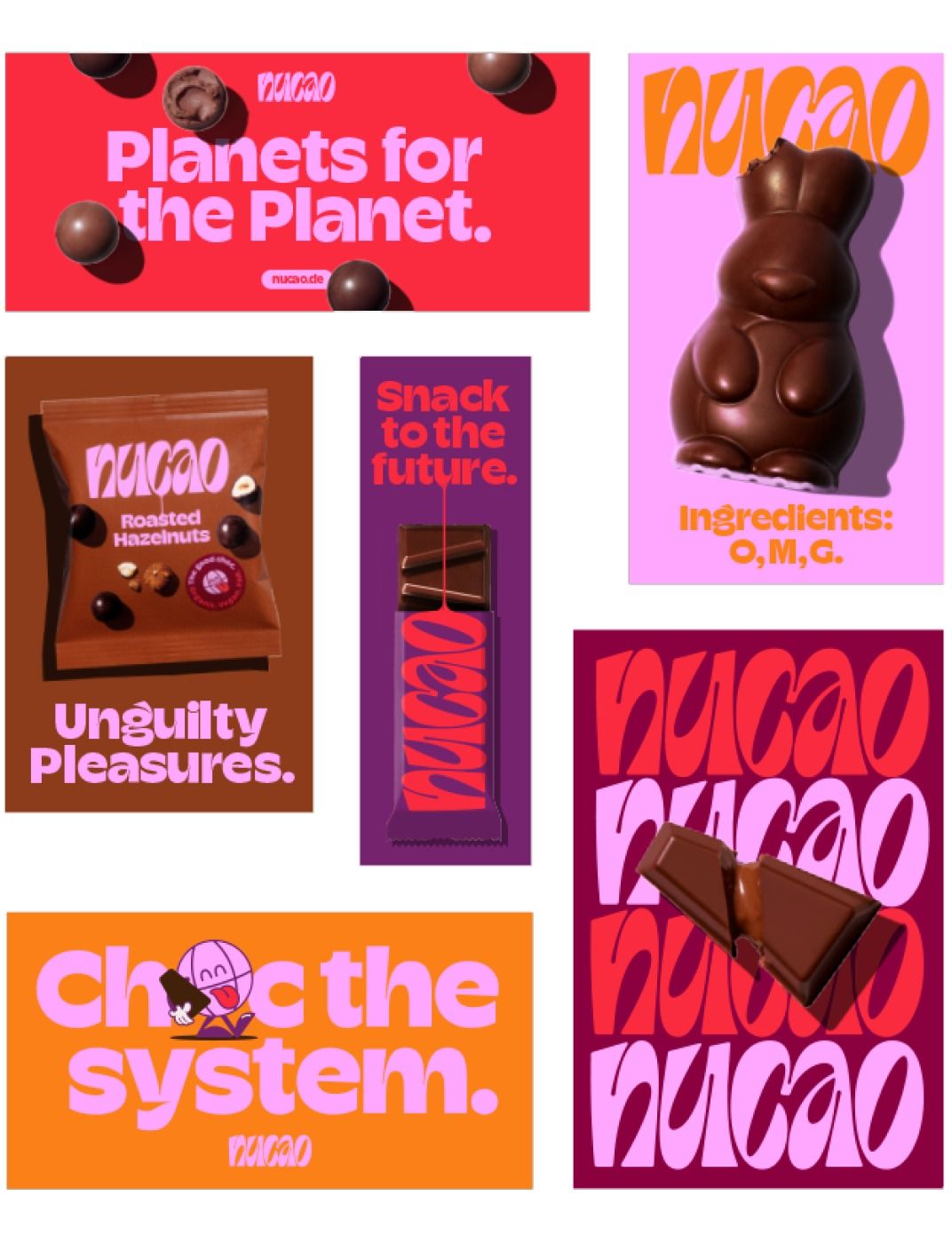 Carousel: Brand campaign board of chocolate products on saturated colour blocks