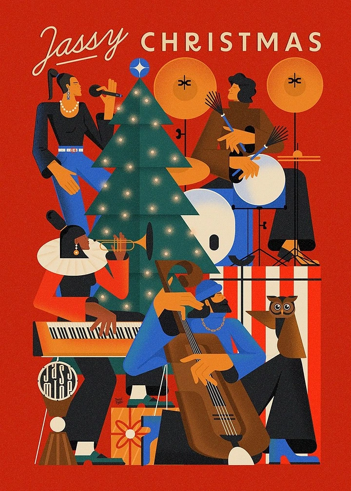Christmas creative ad: Jazz band playing around a lit Christmas tree