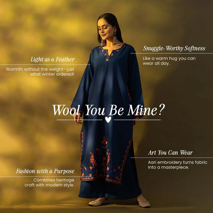 Ethnic Wear & Sarees creative ad: 'Wool You Be Mine' pun, elegant callouts