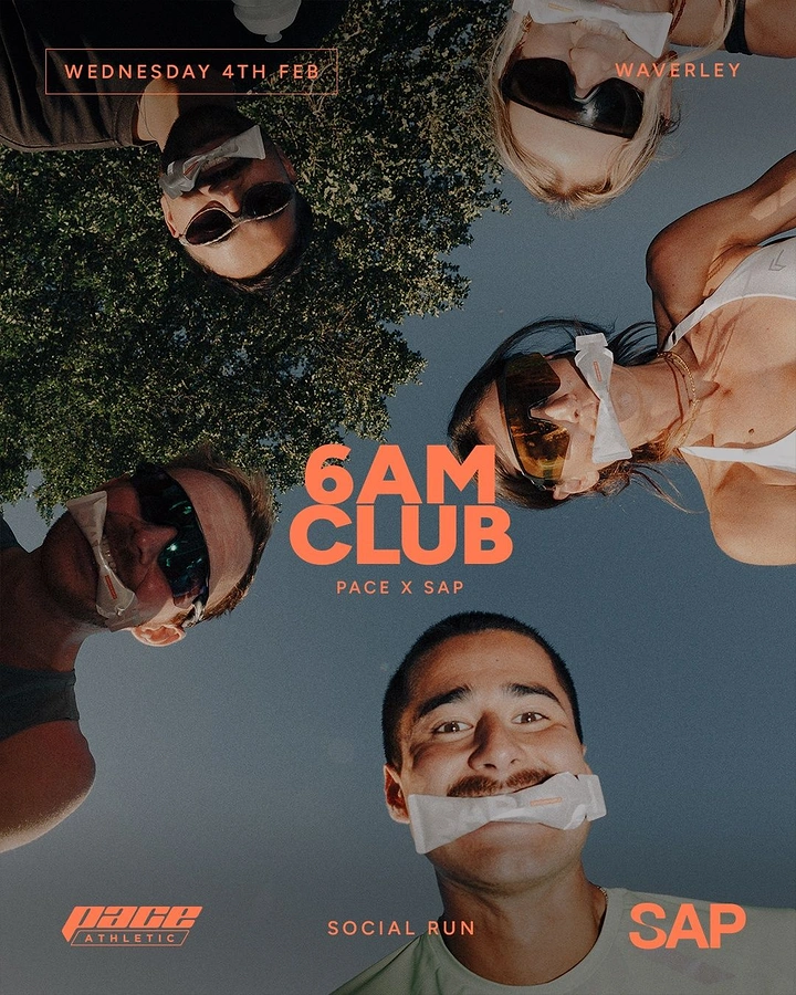 Gym & Fitness creative ad: Five runners looking down into camera with gel sachets in mouths