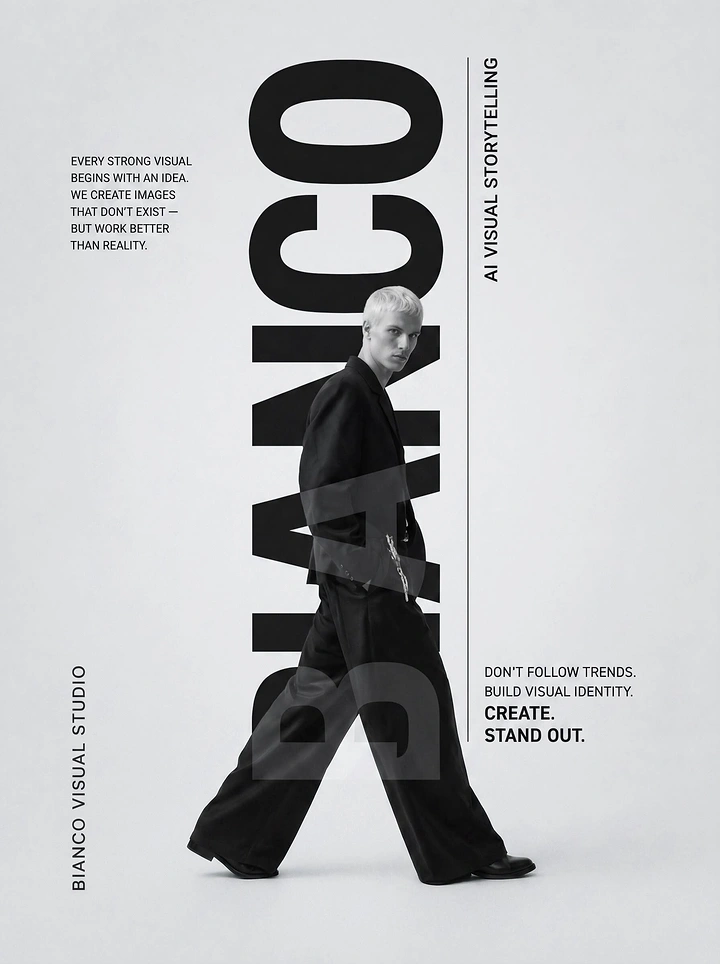 Creative ad: Blond male model in black suit striding across giant vertical wordmark