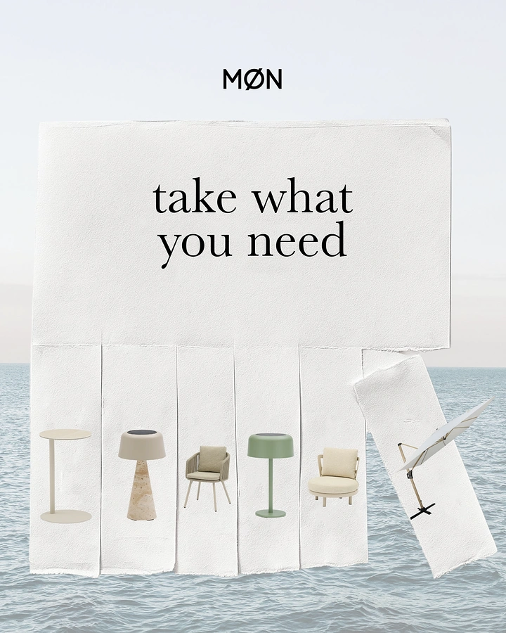 Furniture creative ad: Tear-off notice flyer with outdoor furniture on each strip over the sea