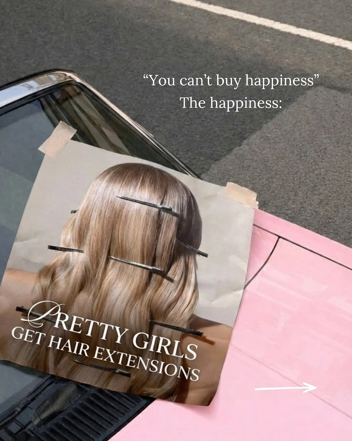 Wigs & Hair Extensions creative ad: Poster of long balayage hair with bobby pins taped to a pink car hood