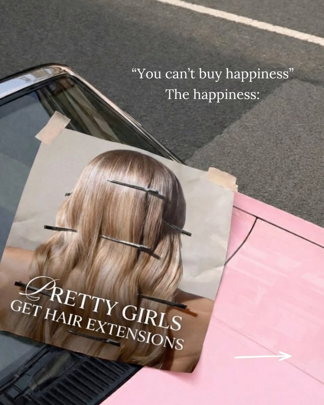 Carousel: Poster of long balayage hair with bobby pins taped to a pink car hood, slide 1