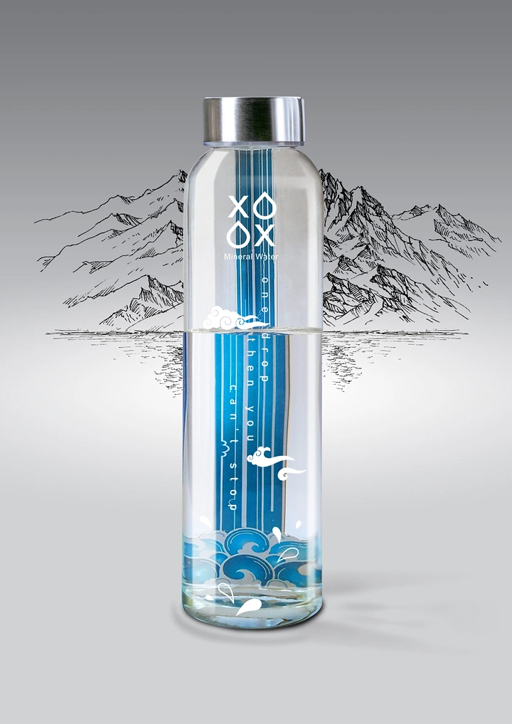 Packaged Drinking Water creative ad: Bottle integrated with drawn mountain scene
