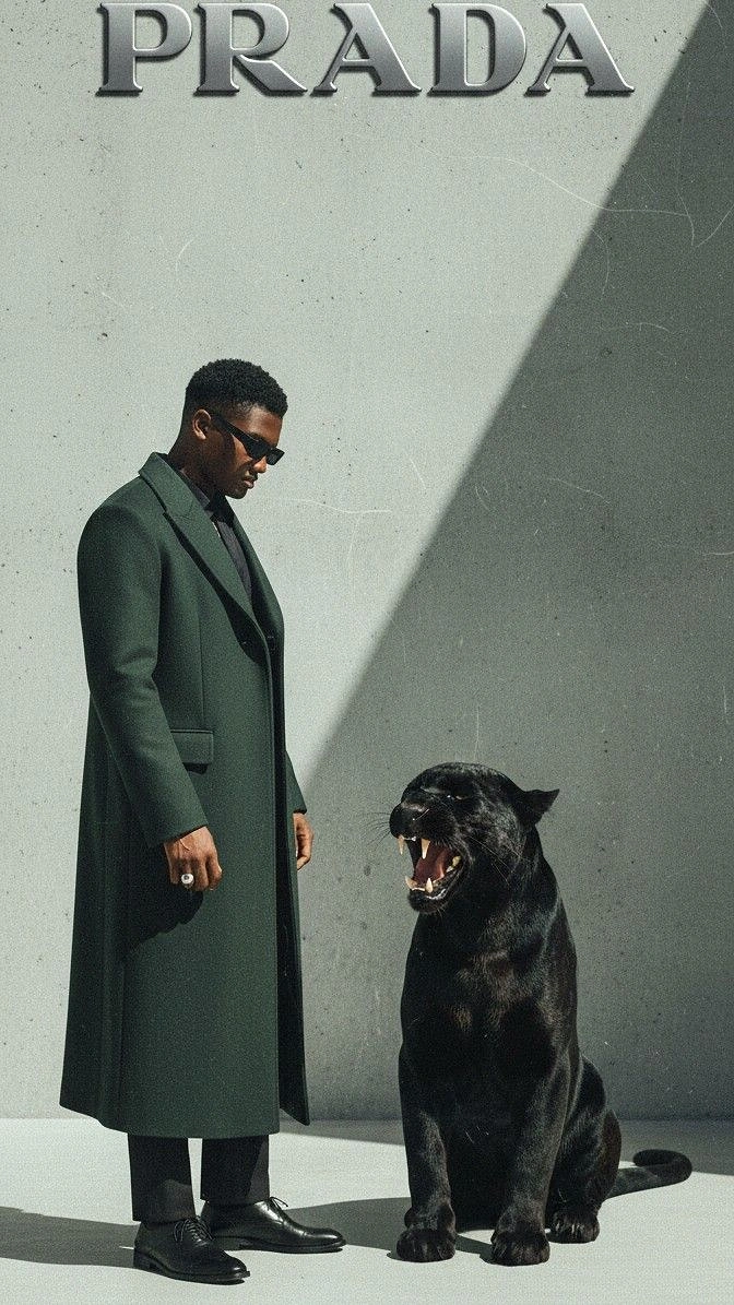 Men's Suits & Formal Wear creative ad: Striking Prada man-and-dog composition