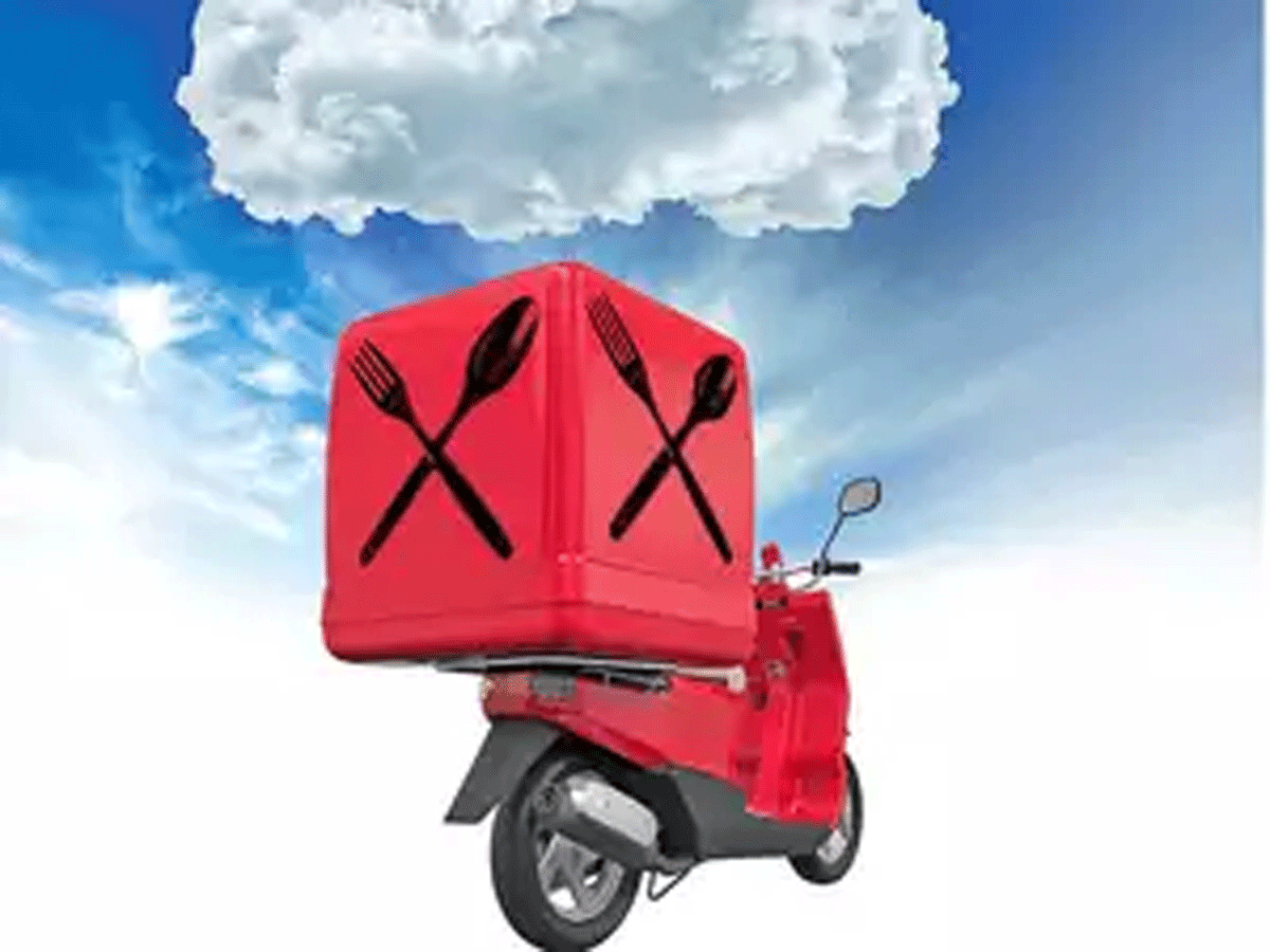 Banner: Delivery box floats under cloud, cloud kitchen pun
