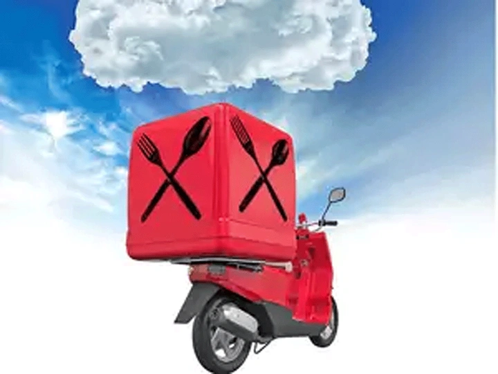 Cloud Kitchens & Food Trucks creative ad: Delivery box floats under cloud, cloud kitchen pun