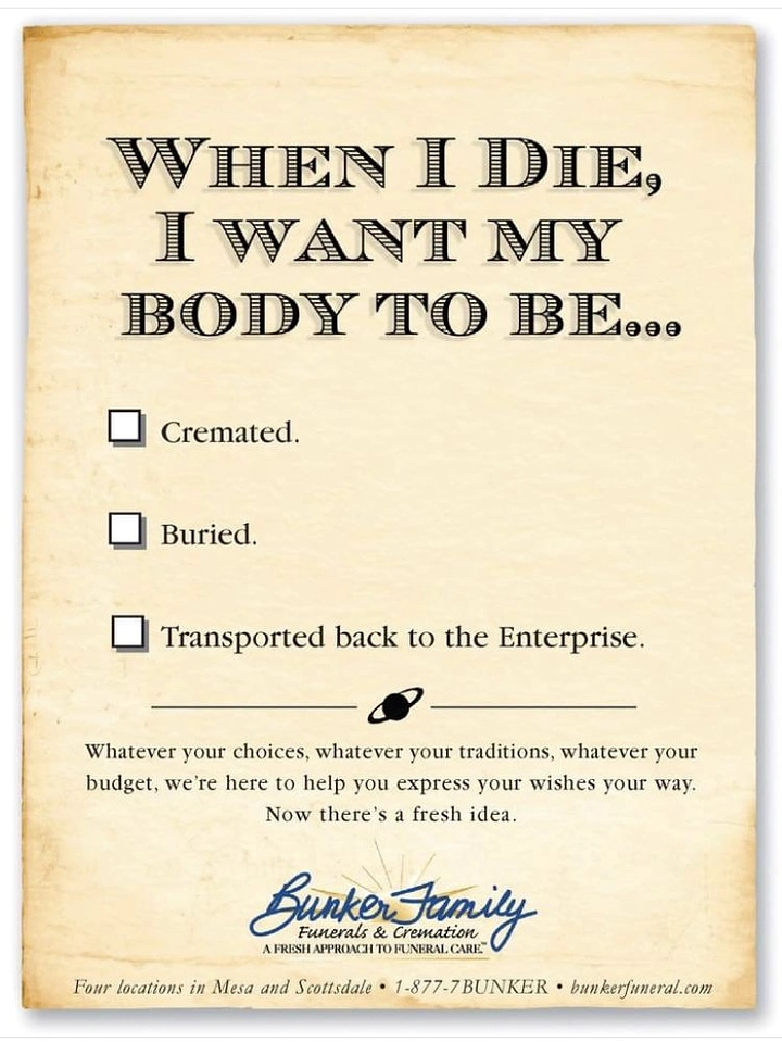 Funeral Services creative ad: Checklist of body disposal options on aged paper