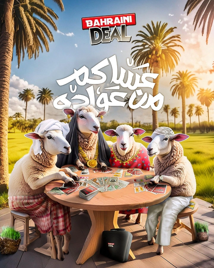 Eid creative ad: Four sheep in Gulf traditional clothing playing cards around a wooden table
