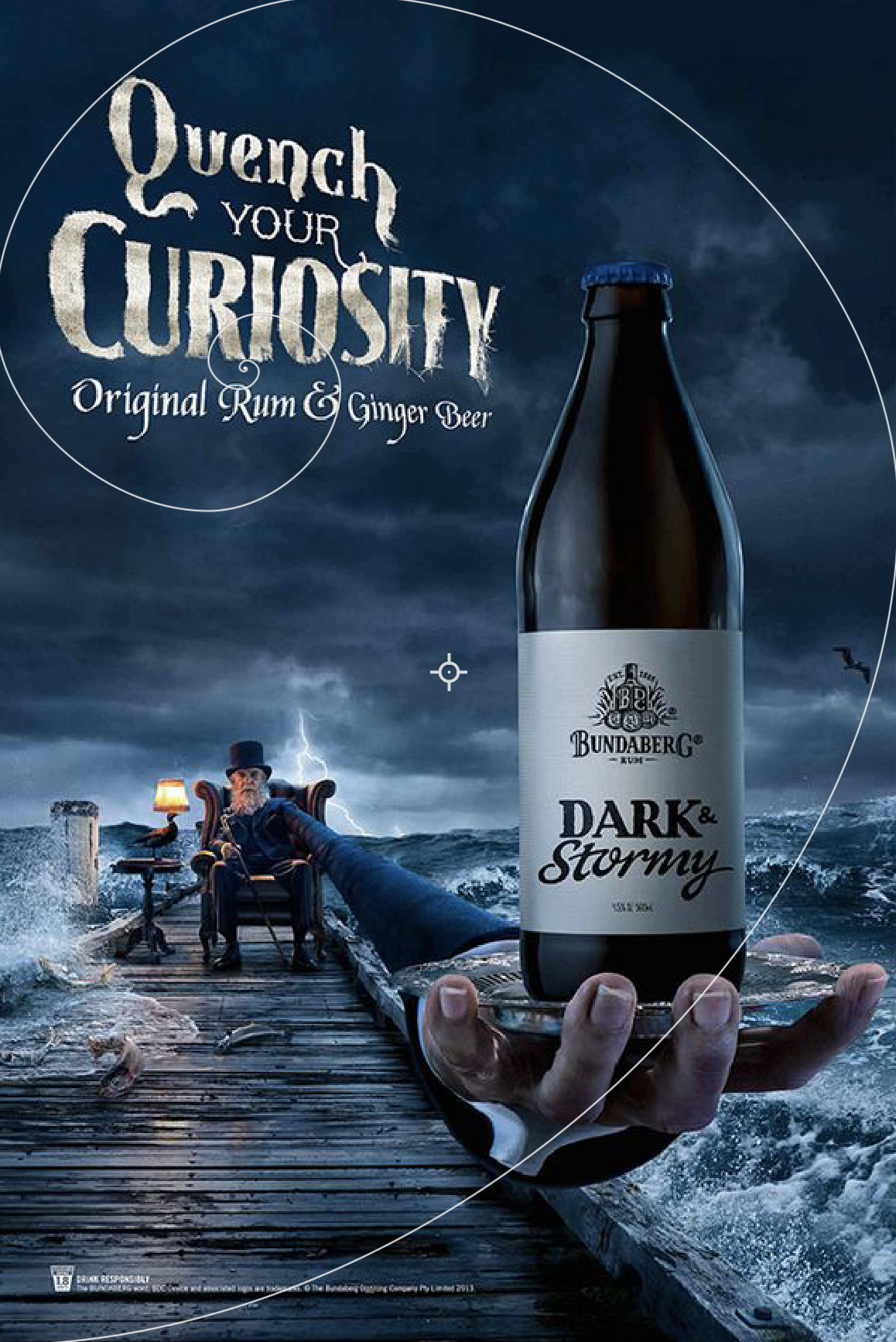 Poster: Old gentleman on a stormy pier offering a bottle on a very long outstretched arm