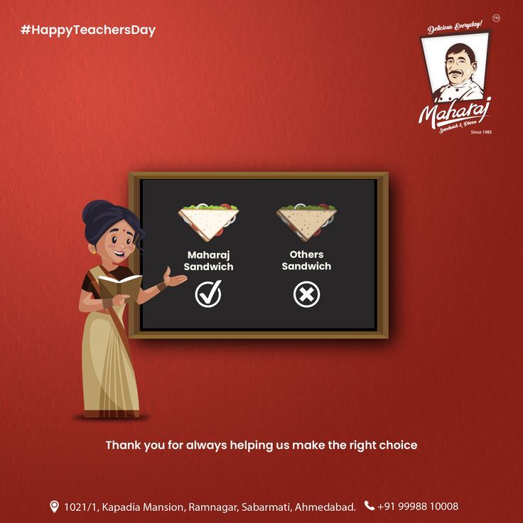 Teachers Day Instagram post: Cartoon Indian teacher in a saree pointing at a blackboard comparing two sandwiches