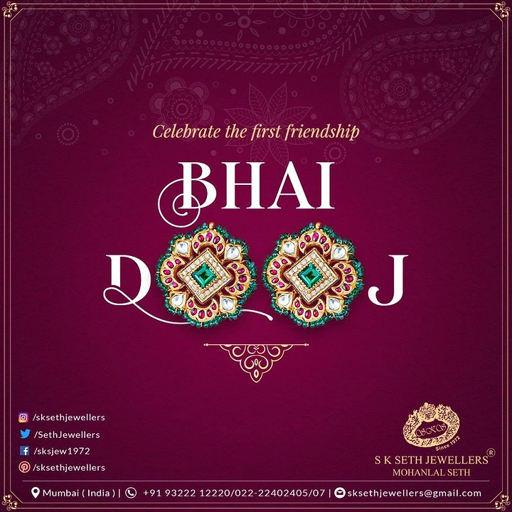 Bhai Dooj creative ad: Pair of kundan ruby-emerald stud earrings forming the 'OO' in DOOJ