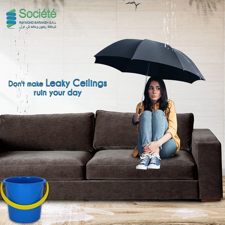 Waterproofing creative ad: Woman shelters indoors under umbrella from leaks