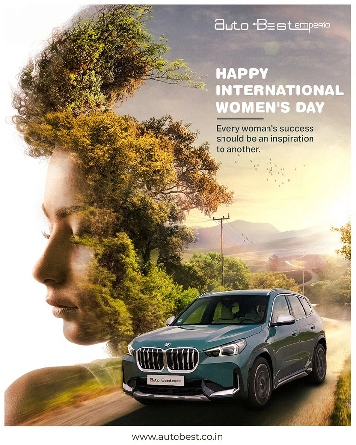 Women's Day creative ad: Double exposure of a woman's profile and trees, with an SUV on a country road