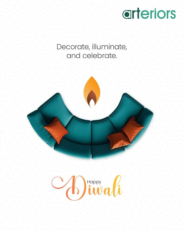 Diwali creative ad: Top-down curved teal sofa forming a diya bowl with a flame above