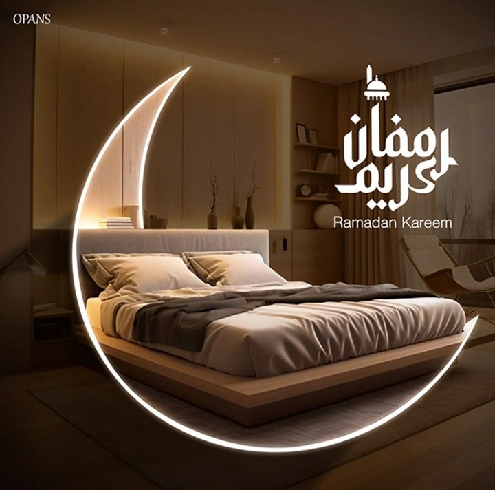 Ramadan creative ad: Modern platform bed framed by a glowing neon crescent moon