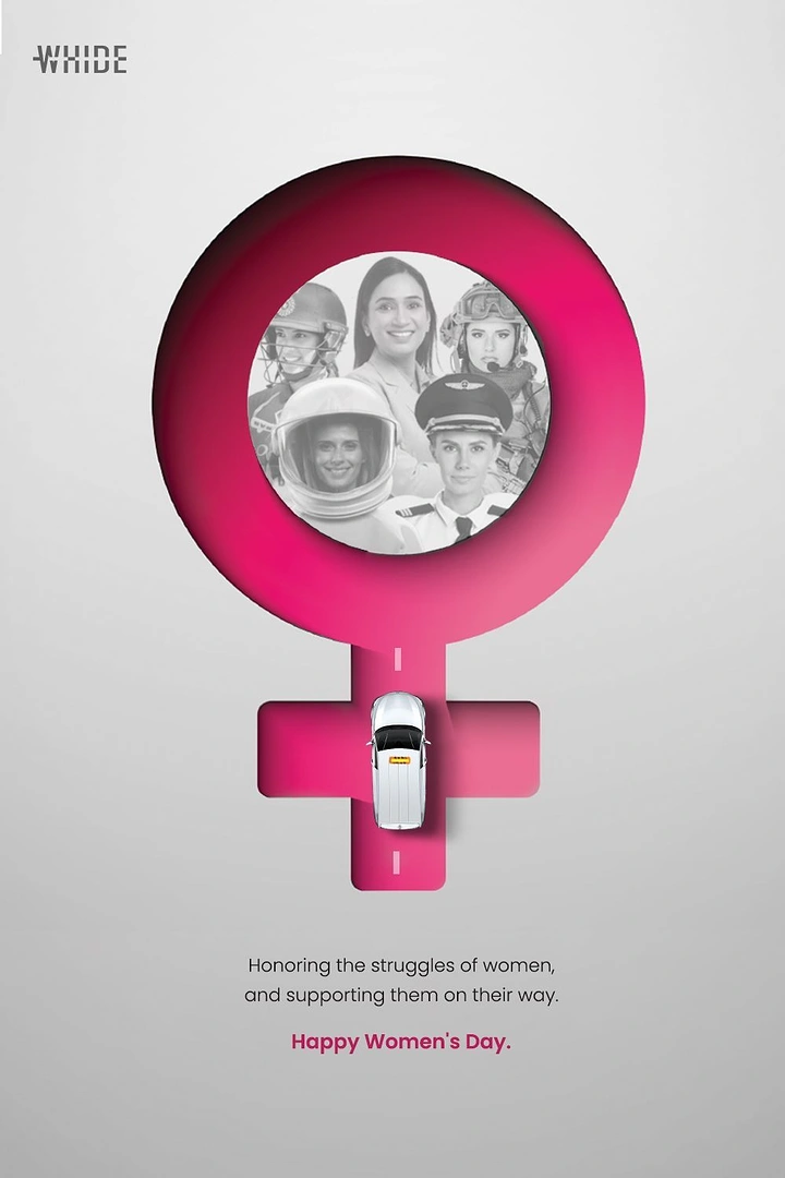 Women's Day creative ad: Magenta paper-cut female symbol with women portraits and a car driving down its stem