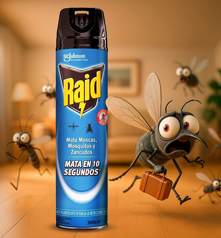 Pest Control creative ad: Panicked mosquitoes fleeing with suitcase from Raid