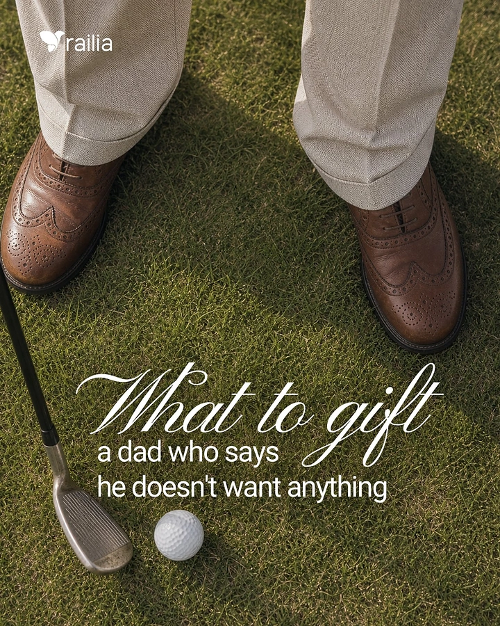 Father's Day creative ad: Top-down view of a man's brogues on a golf green