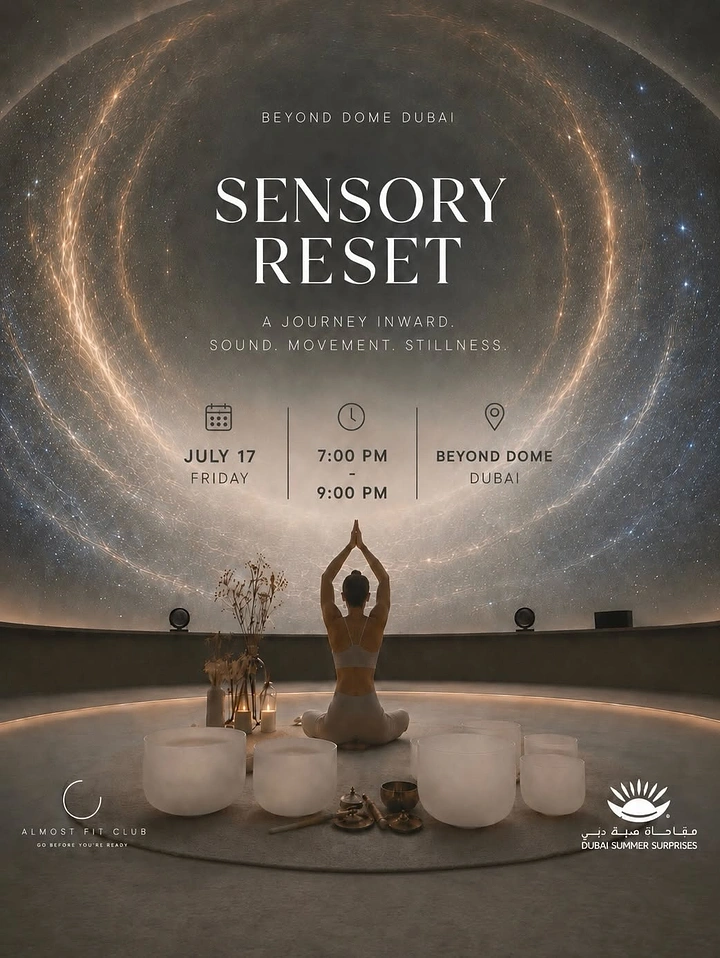 Yoga Studios creative ad: Cosmic dome halo frames meditating figure