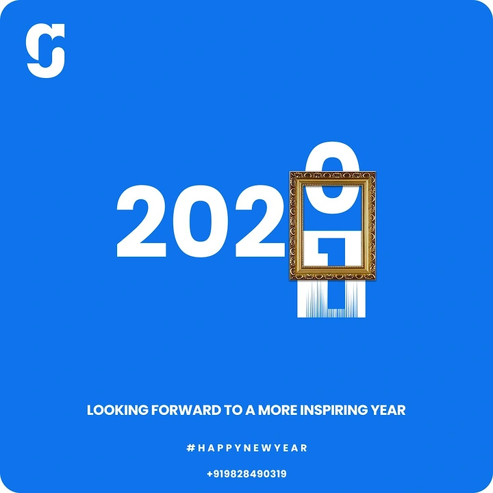 New Year creative ad: 2020 numerals with the last digit framed in an ornate gold frame, turning into 1