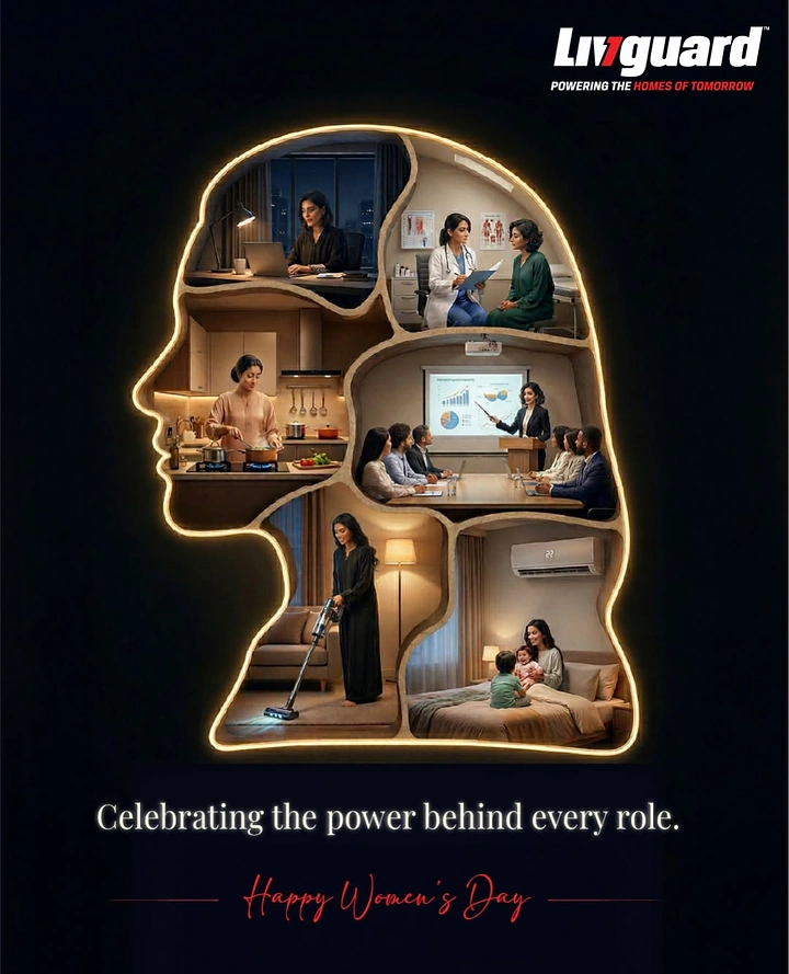 Women's Day creative ad: Woman's profile silhouette filled with room vignettes of her many roles