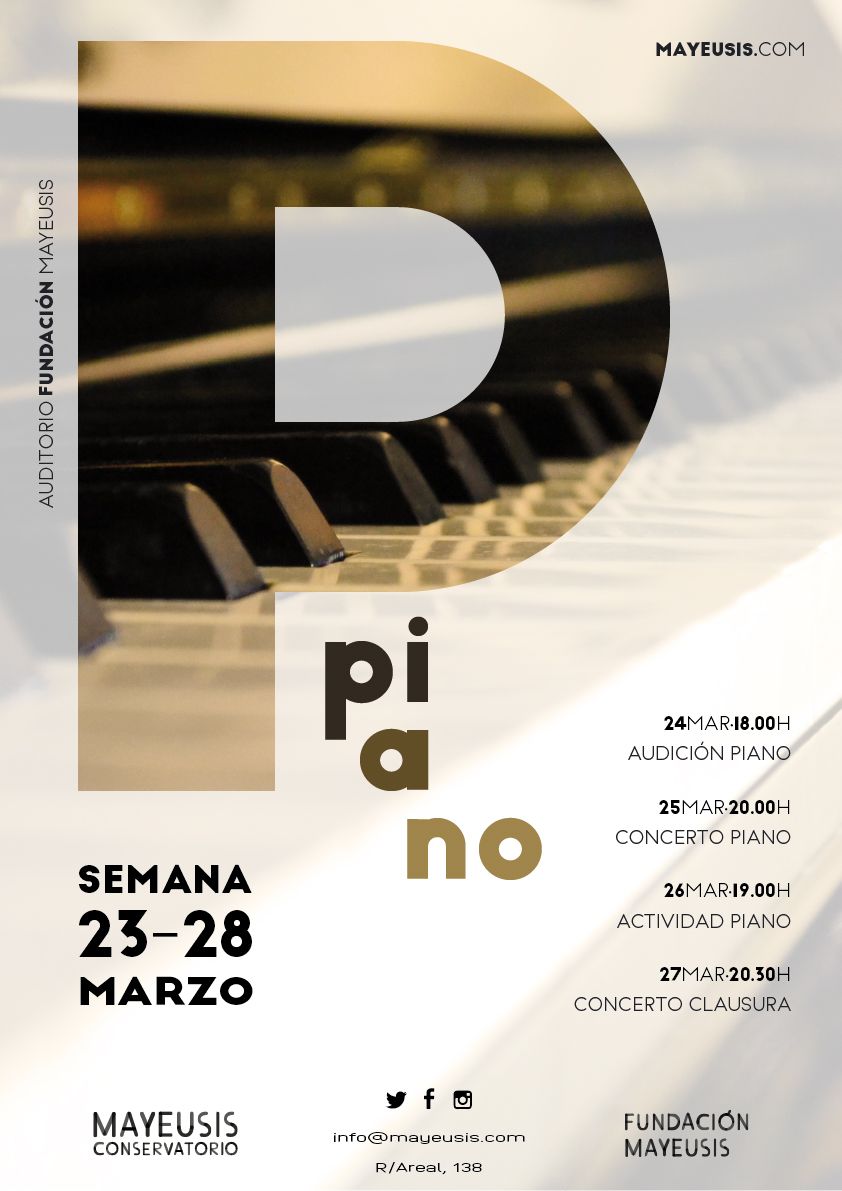 Poster: Piano keys photo masked inside a giant letter P