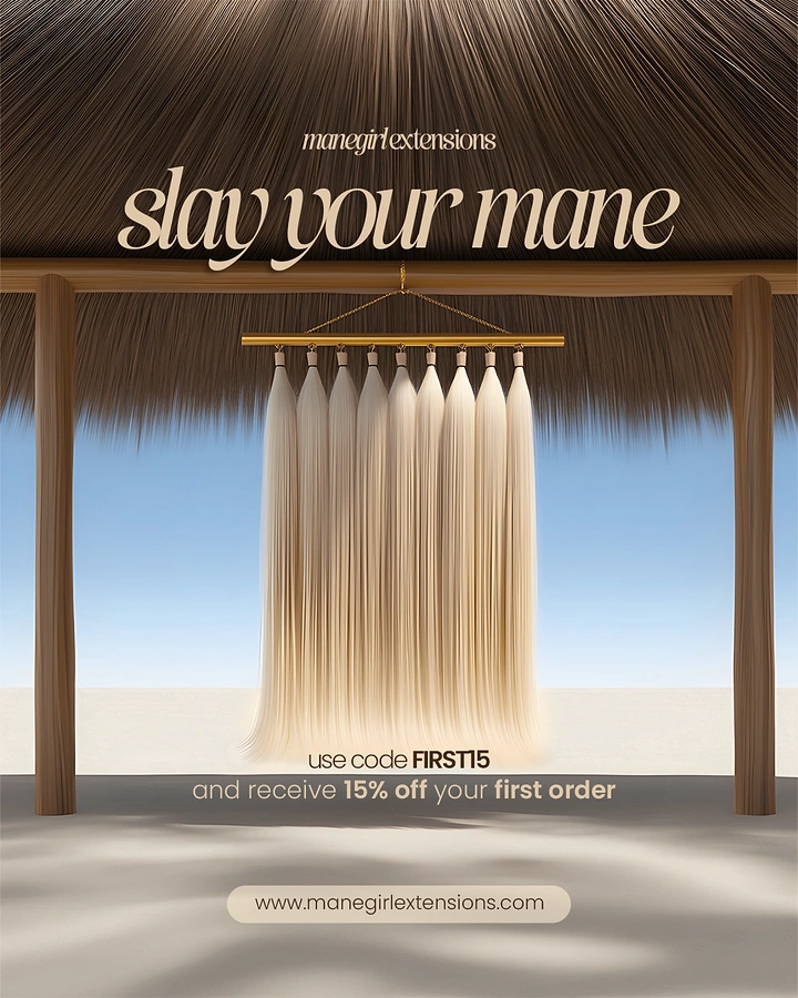 Wigs & Hair Extensions creative ad: Blonde hair extension wefts hanging from a gold rod under a thatched beach hut