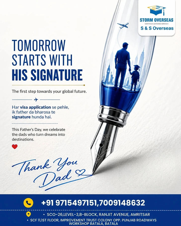 Father's Day creative ad: Glass fountain pen filled with blue ink containing a father and graduate son silhouetted against world landmarks