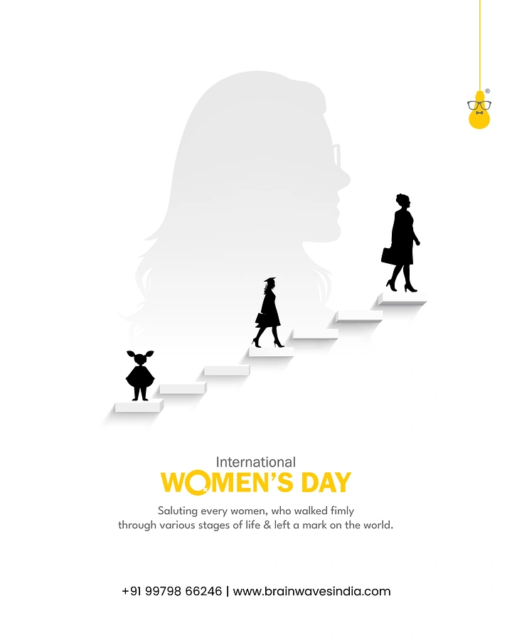 Women's Day creative ad: Silhouettes of a girl, graduate and professional woman climbing white steps before a large female profile