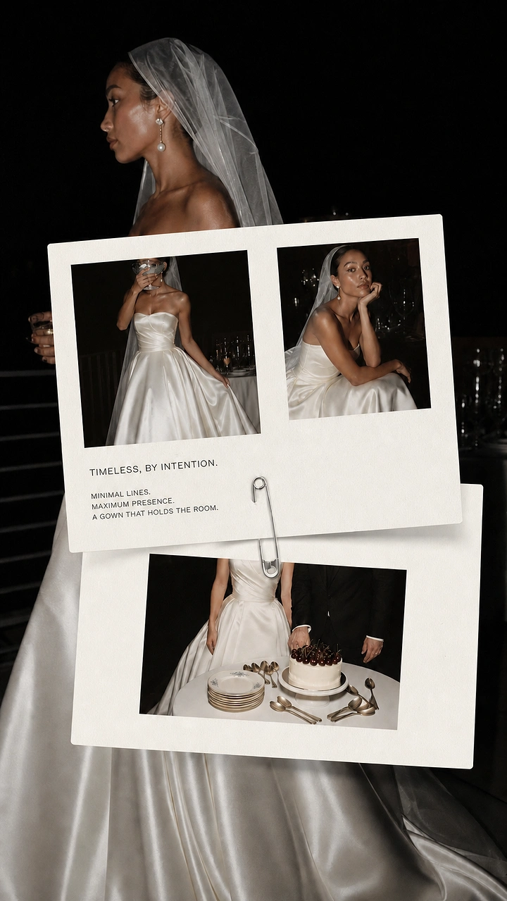 Bridal Wear & Wedding Dresses creative ad: A bride in a satin gown surrounded by layered photographic prints