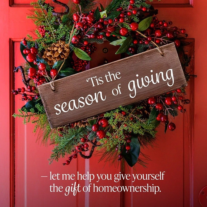 Christmas creative ad: Berry and evergreen wreath with wooden sign on a red door