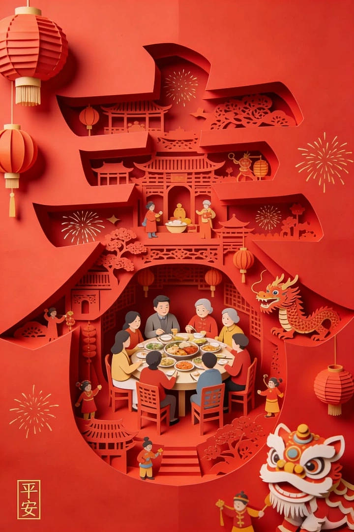 Lunar New Year creative ad: Layered paper-cut Chinese character framing a family reunion dinner