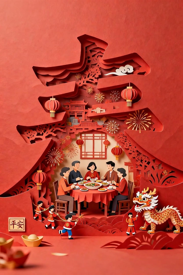 Lunar New Year creative ad: Family reunion dinner framed inside a giant paper-cut Chinese character