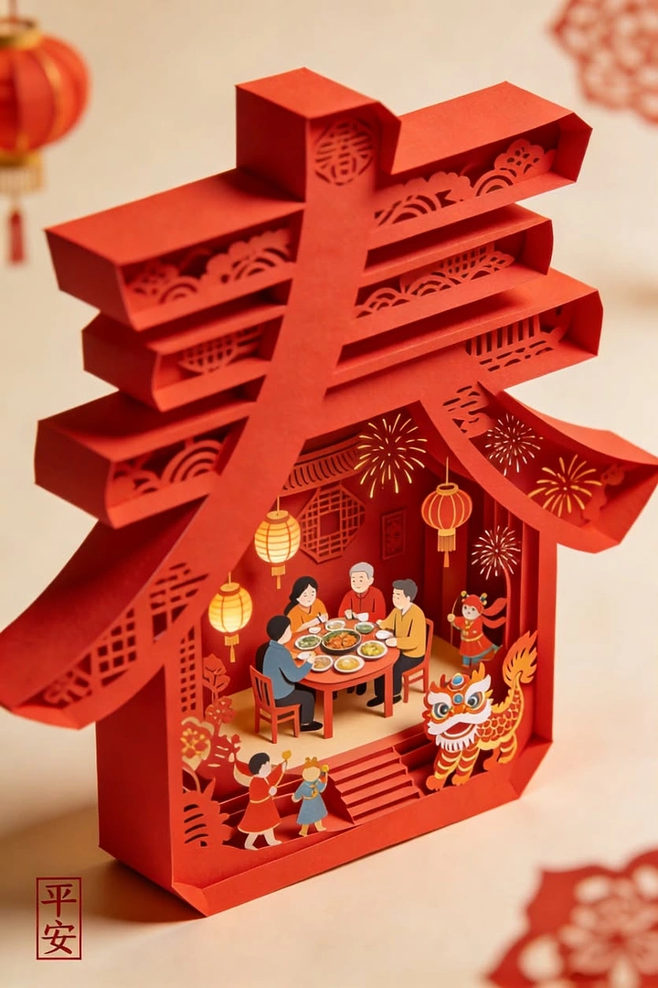 Lunar New Year creative ad: Layered red papercut Chinese character diorama framing a family reunion dinner