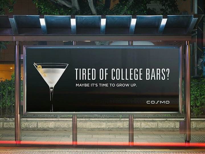 Bars & Pubs creative ad: Witty anti-college-bar positioning with cocktail